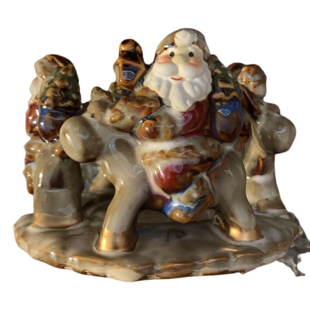 Christmas Collection Santa Reindeers Ceramic Pillar Candle Holder Holiday